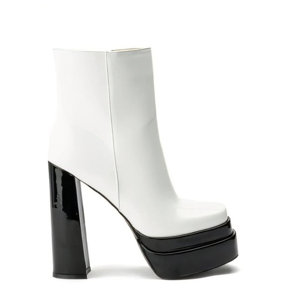 Callie Lives Shoes - Miz Striking Matte White & Black Patent Leather Platform Bootie 7.5 8 8.5